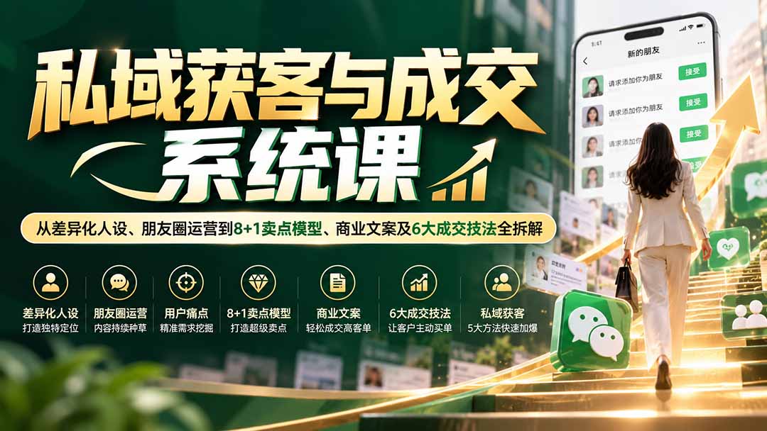 私域获客与成交系统课：从差异化人设、朋友圈运营到8+1卖点模型、商业文案及6大成交技法全拆解-问小徐资源库
