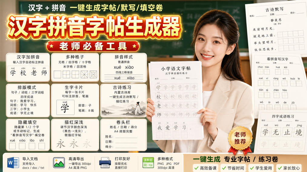 学习神器，汉字拼音字帖生成器，汉字+拼音 一键生成字帖/默写/填空卷，支持词组、成语，老师、家长必备-问小徐资源库