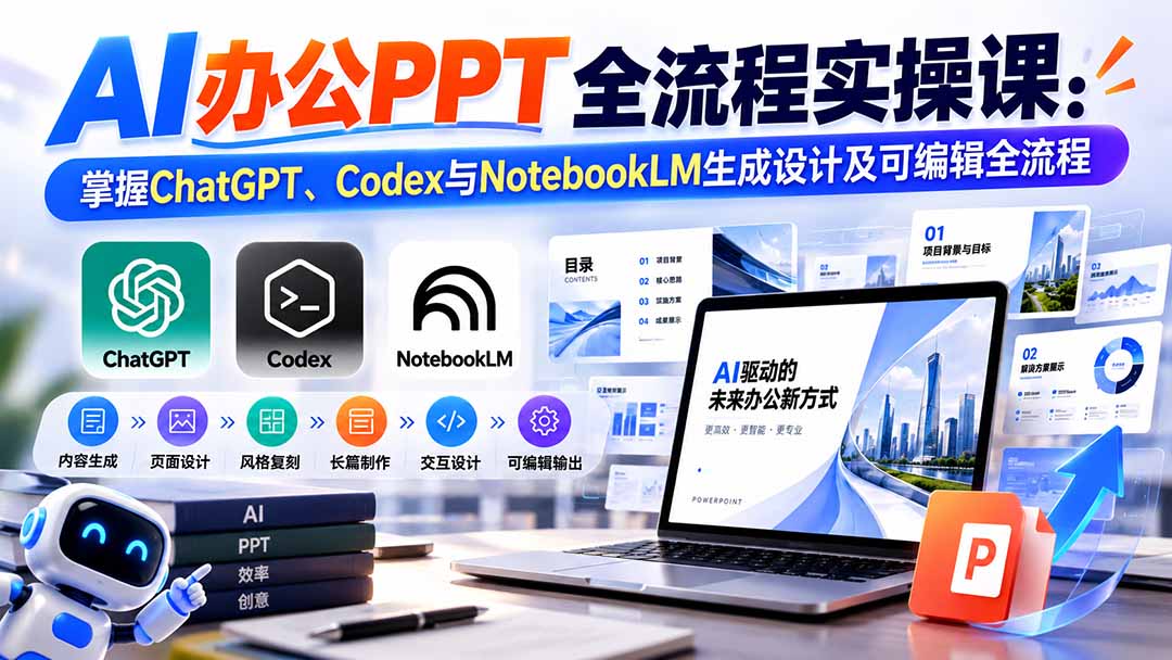 【无水印】AI办公PPT全流程实操课: 掌握ChatGPT、Codex与NotebookLM生成设计及可编辑全流程-问小徐资源库