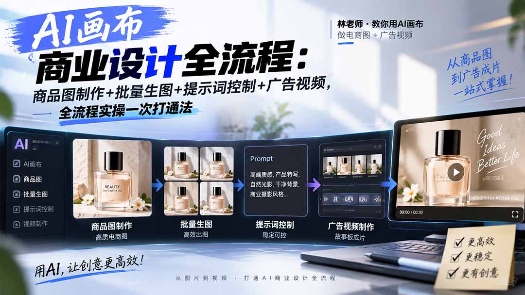 AI画布商业设计全流程：商品图制作+批量生图+提示词控制+广告视频，全流程实操一次打通法-问小徐资源库