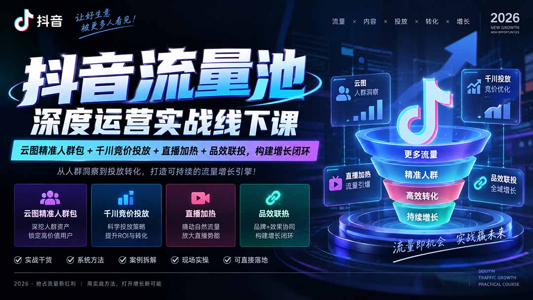抖音流量池深度运营实战线下课|云图精准人群包+千川竞价投放+直播加热+品效联投,构建增长闭环-问小徐资源库
