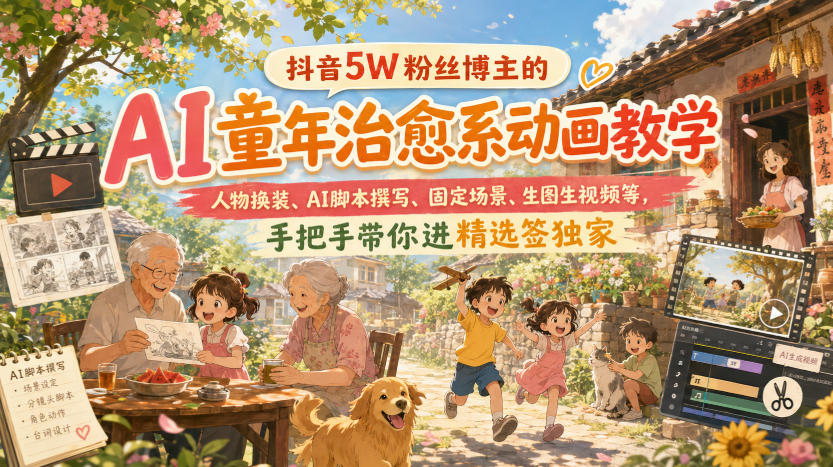 抖音5W粉丝博主的AI童年治愈系动画教学，人物换装、AI脚本撰写、固定场景、生图生视频等，手把手带你进精选签独家-问小徐资源库