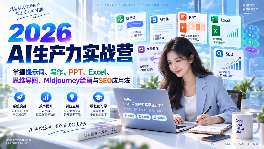 2026AI生产力实战营:掌握提示词、写作、PPT、Excel、思维导图、Midjourney绘画与SEO应用法-问小徐资源库