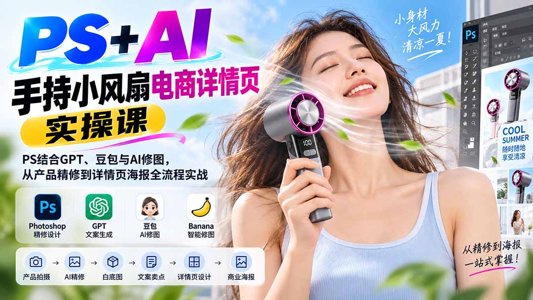 PS+AI手持小风扇电商详情页实操课：PS结合GPT、豆包与AI修图，从产品精修到详情页海报全流程实战-问小徐资源库