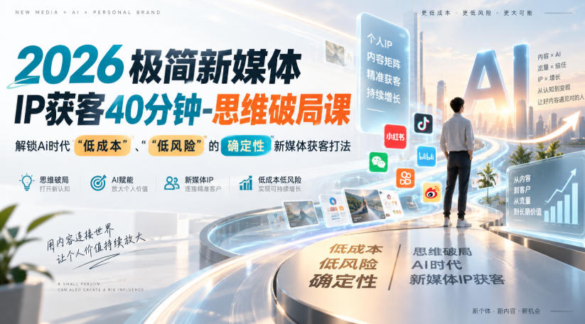 2026极简新媒体IP获客40分钟-思维破局课，解锁Ai时代“低成本”、“低风险”的确定性新媒体获客打法-问小徐资源库