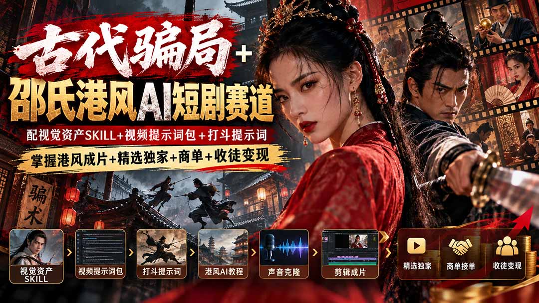 古代骗局+邵氏港风AI短剧赛道：配视觉资产SKILL+视频提示词包+打斗提示词，掌握港风成片+精选独家+商单+收徒变现-问小徐资源库
