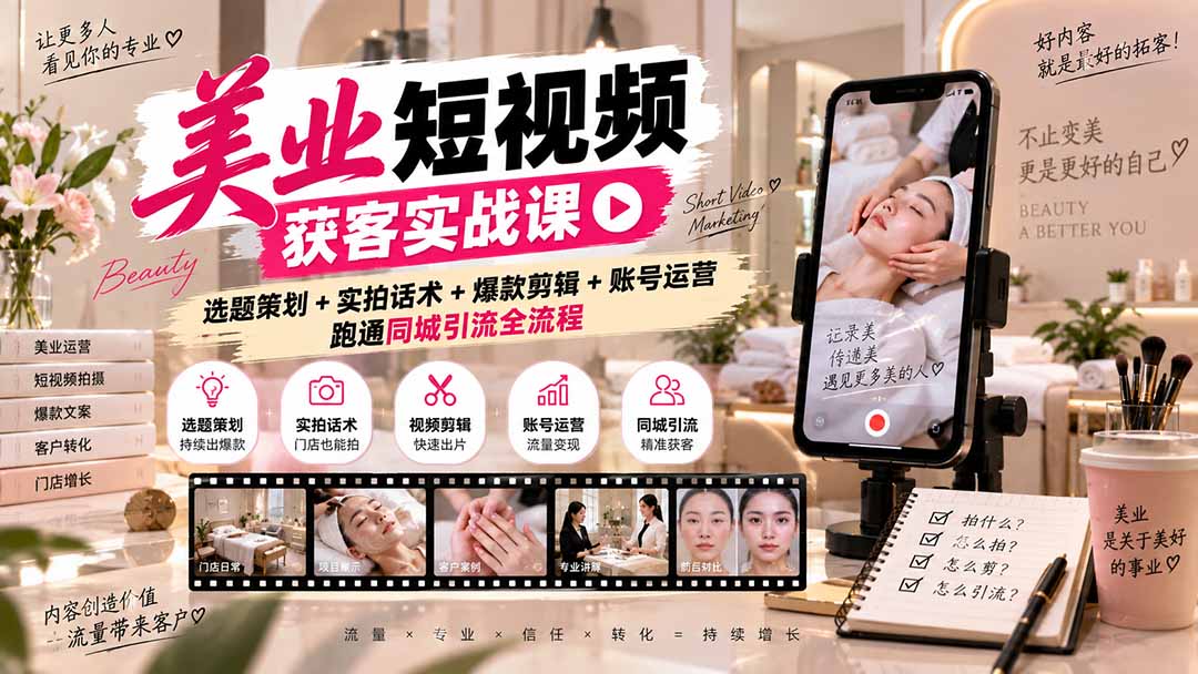 美业短视频获客实战课-无水印：选题策划+实拍话术+爆款剪辑+账号运营，跑通同城引流全流程-问小徐资源库