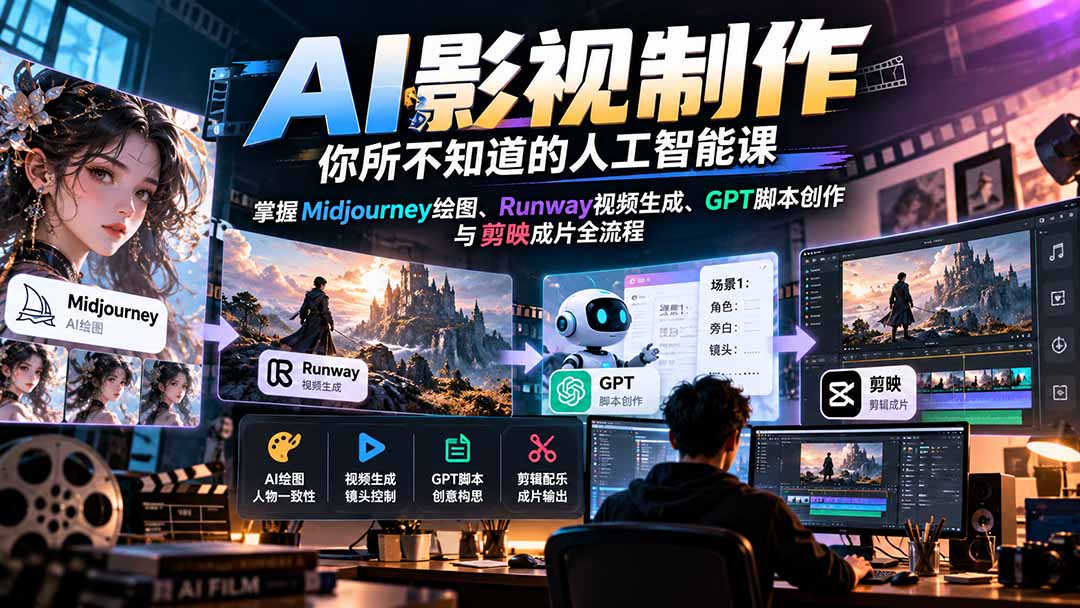 【无水印】AI影视制作-你所不知道的人工智能课，掌握Midjourney绘图、Runway视频生成、GPT脚本创作与剪映成片全流程-问小徐资源库