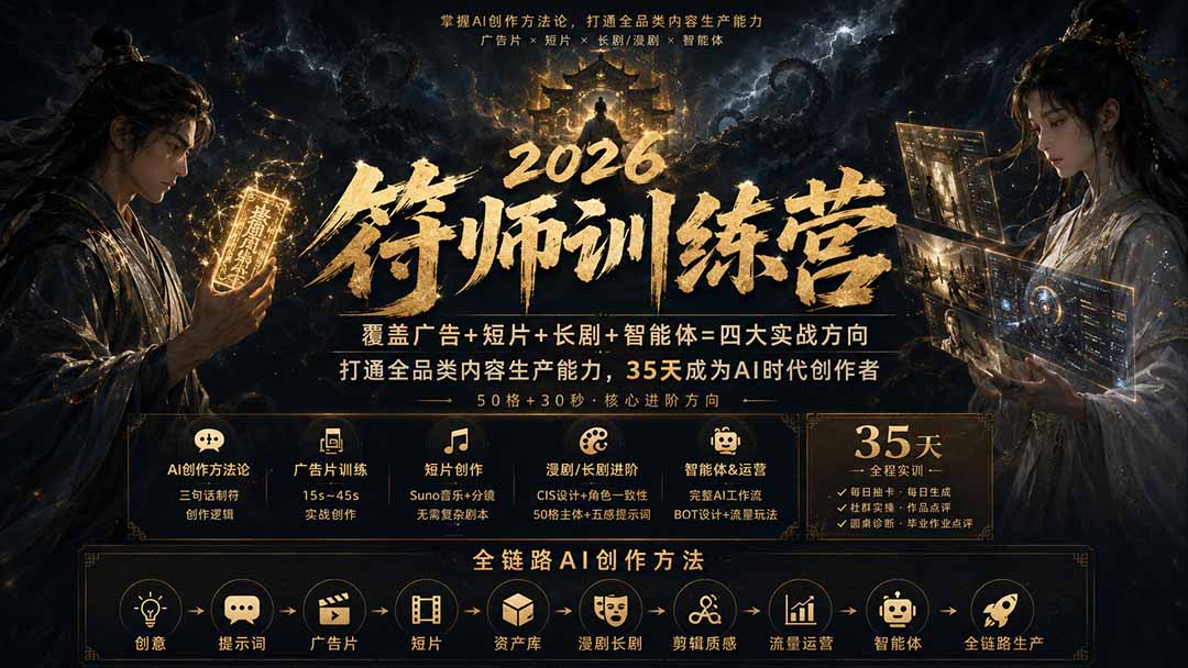 符师训练营-35天成为AI时代创作者，广告+短片+漫剧+智能体四大实战方向，掌握从创意到上线的完整工作流-问小徐资源库