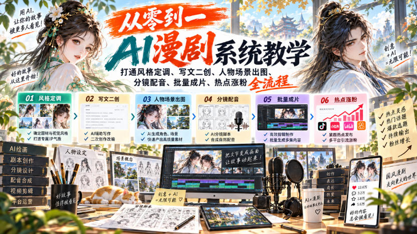 从零到一AI漫剧系统教学，打通风格定调、写文二创、人物场景出图、分镜配音、批量成片、热点涨粉全流程-问小徐资源库