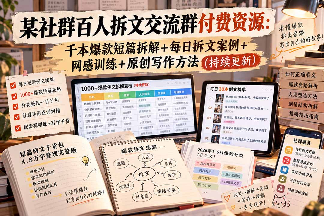 某社群百人拆文交流群付费资源-更新0929：千本爆款短篇拆解+每日拆文案例+网感训练+原创写作方法-问小徐资源库