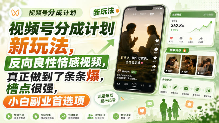 视频号分成计划新玩法,反向良性情感视频,真正做到了条条爆,槽点很强,小白副业首选项-问小徐资源库
