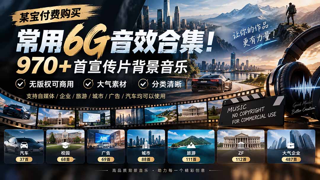 某宝付费购买，常用6G音效合集！970+首宣传片背景音乐，无版权可商用大气素材，分类清晰-问小徐资源库