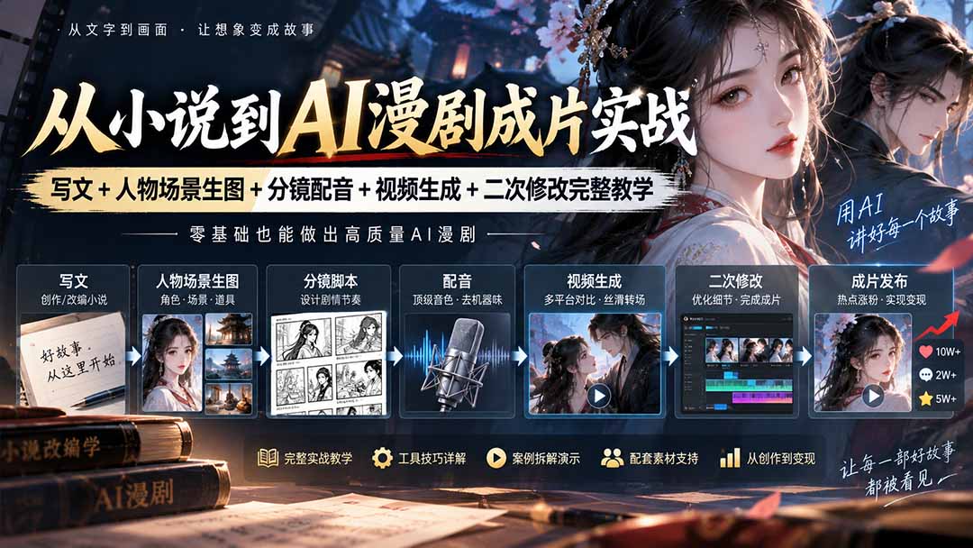 从小说到AI漫剧成片实战：写文+人物场景生图+分镜配音+视频生成+二次修改完整教学-问小徐资源库