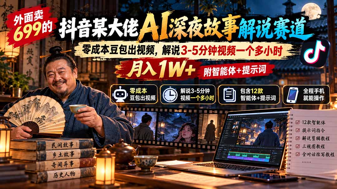 外面卖699的抖音某大佬AI深夜故事解说赛道:零成本豆包出视频,解说3-5分钟视频一个多小时,月入1W+附智能体+提示词-问小徐资源库