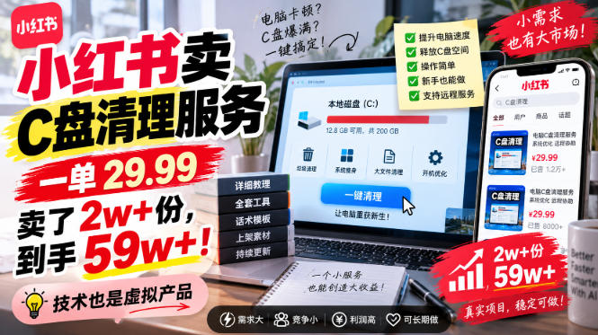 小红书卖C盘清理服务，一单29.99，卖了2w+份，技术也是虚拟产品-问小徐资源库