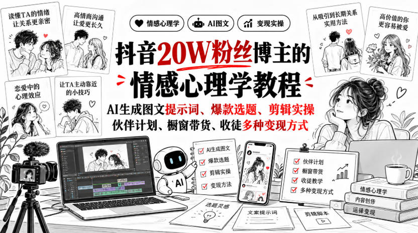 抖音20W粉丝博主静候心声的情感心理学教程，AI生成图文提示词、爆款选题、剪辑实操，伙伴计划、橱窗带货、收徒多种变现方式-问小徐资源库