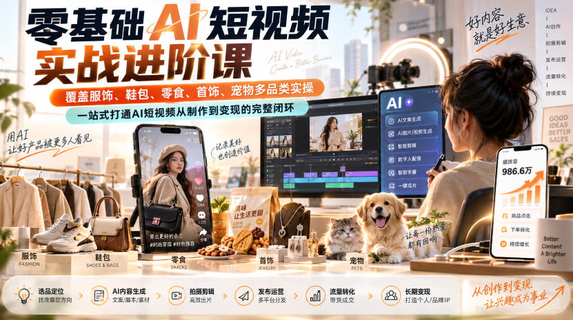 零基础AI短视频实战进阶课,覆盖服饰、鞋包、零食、首饰、宠物多品类实操,一站式打通AI短视频从制作到变现的完整闭环-问小徐资源库