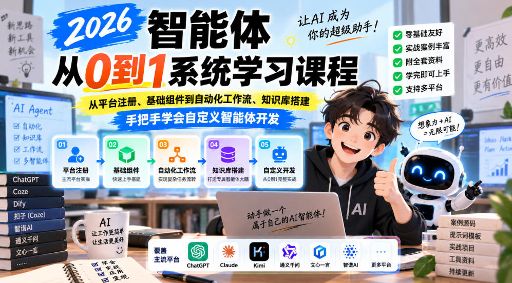 2026智能体从0到1系统学习课程，从平台注册、基础组件到自动化工作流、知识库搭建，手把手学会自定义智能体开发-问小徐资源库