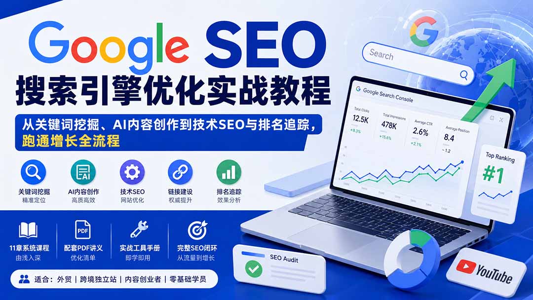 Google SEO搜索引擎优化实战教程：从关键词挖掘、AI内容创作到技术SEO与排名追踪，跑通增长全流程-问小徐资源库