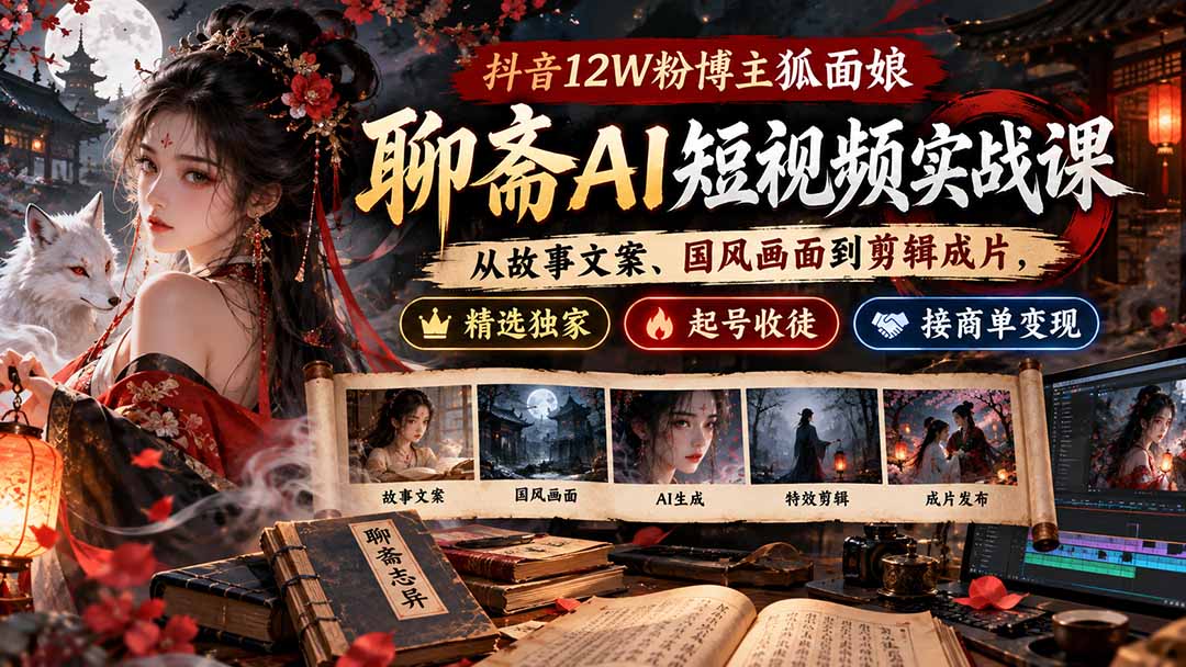 抖音12W粉博主狐面娘-聊斋AI短视频实战课：从故事文案、国风画面到剪辑成片，精选独家+起号收徒+接商单变现-问小徐资源库