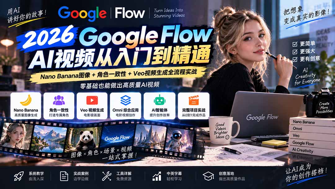 【无水印】Google Flow AI视频从入门到精通：Nano Banana图像+角色一致性+Veo视频生成全流程实战-精翻中英字幕-问小徐资源库