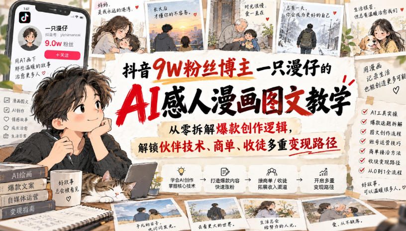 抖音9W粉丝博主一只漫仔的AI感人漫画图文教学，从零拆解爆款创作逻辑，解锁伙伴技术、商单、收徒多重变现路径-问小徐资源库