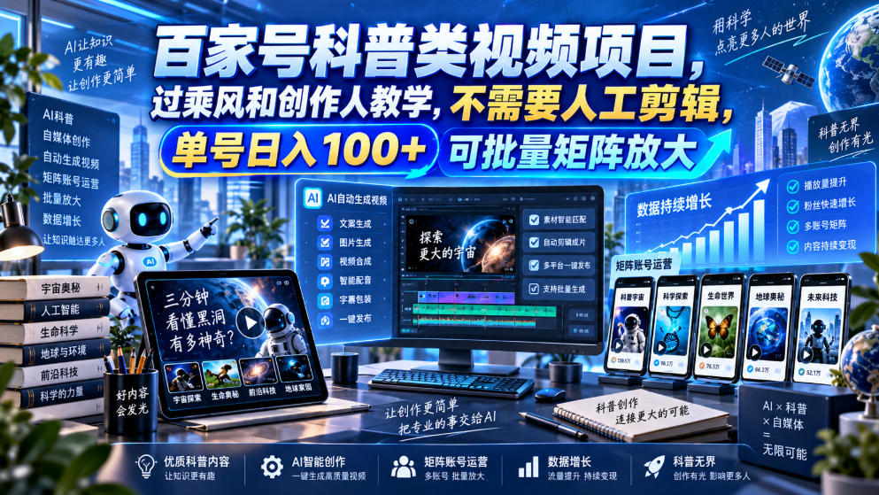 百家号科普类视频项目,过乘风和创作人教学,不需要人工剪辑,单号日入100+可批量矩阵放大-问小徐资源库