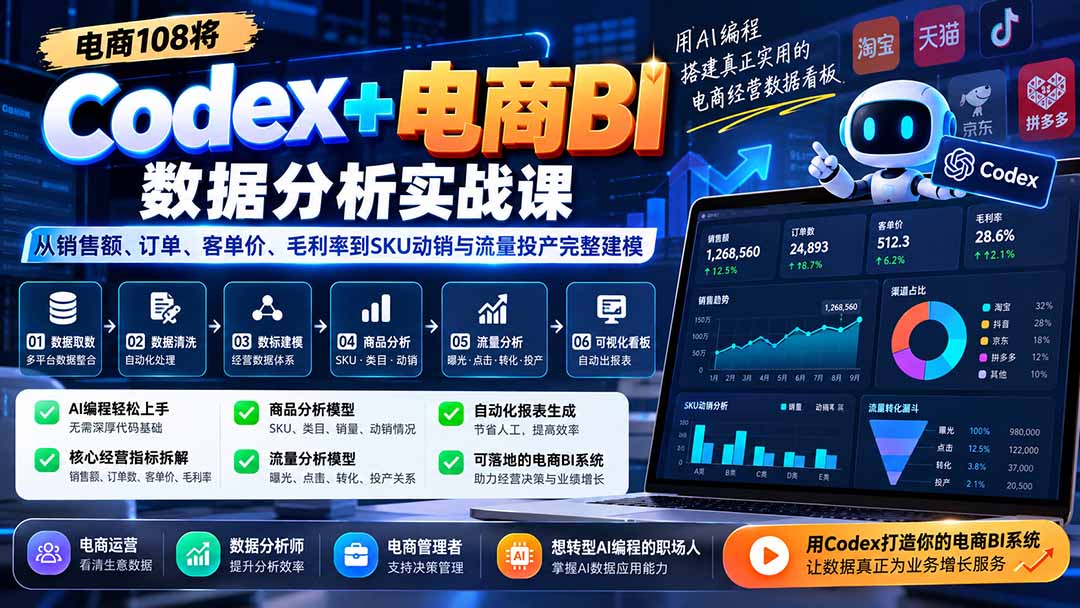 Codex+电商BI数据分析实战课-更新：从销售额、订单、客单价、毛利率到SKU动销与流量投产完整建模-问小徐资源库