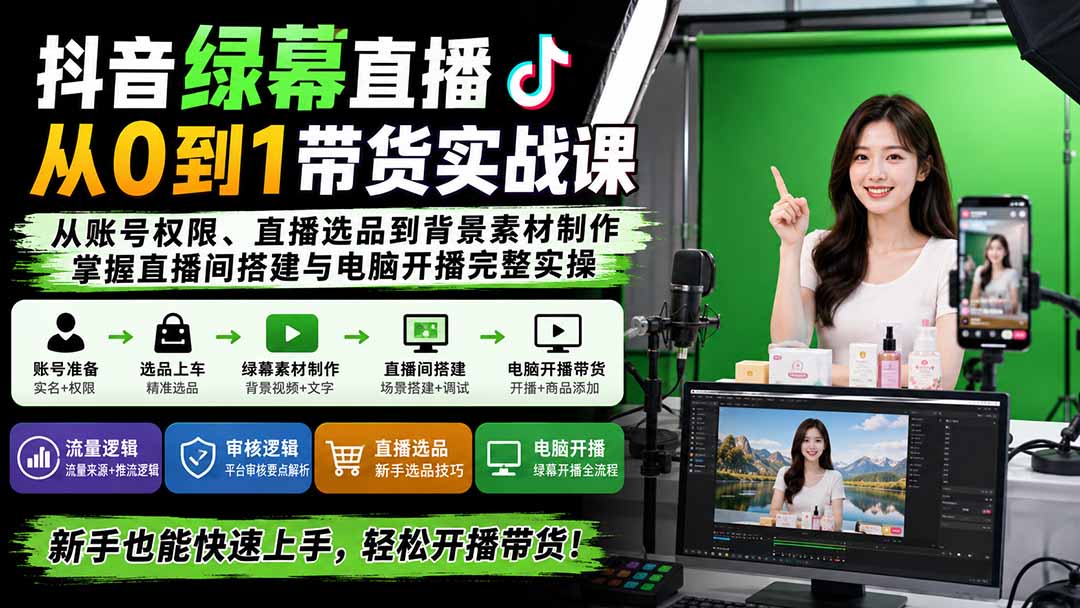 抖音绿幕直播从0到1带货实战课:从账号权限、直播选品到背景素材制作,掌握直播间搭建与电脑开播完整实操-问小徐资源库