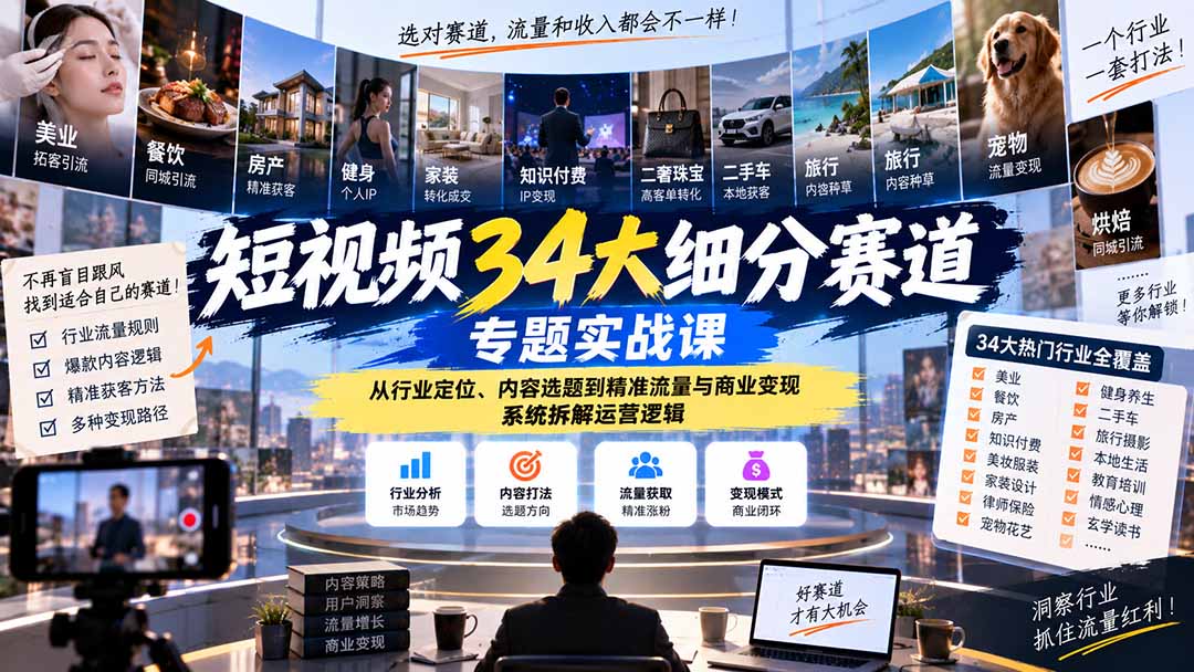 短视频34大细分赛道专题实战课：从行业定位、内容选题到精准流量与商业变现，系统拆解运营逻辑-问小徐资源库