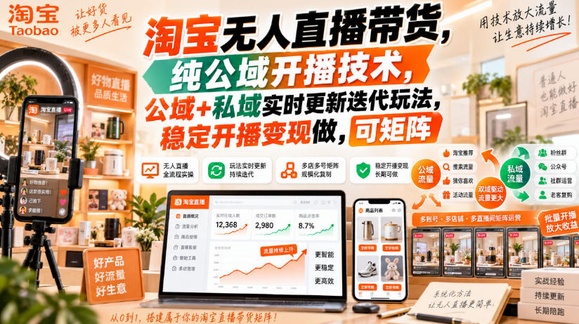 淘宝无人直播带货,纯公域开播技术,公域+私域实时更新迭代玩法,稳定开播变现做,可矩阵【揭秘】-问小徐资源库