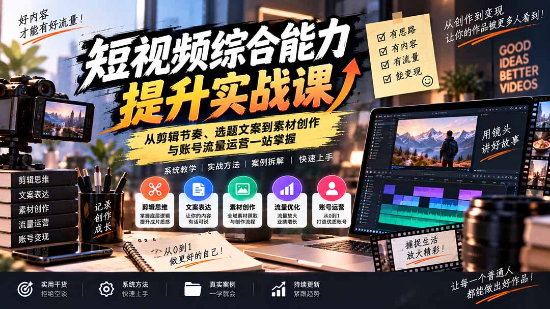 短视频综合能力提升实战课：从剪辑节奏、选题文案到素材创作与账号流量运营一站掌握-问小徐资源库
