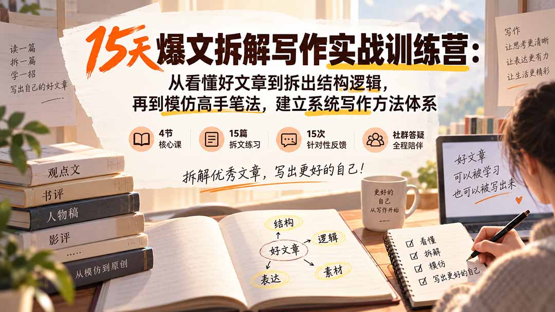 15天爆文拆解写作实战训练营：从看懂好文章到拆出结构逻辑，再到模仿高手笔法，建立系统写作方法体系-问小徐资源库
