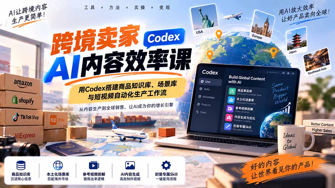跨境卖家AI内容效率课：用Codex搭建商品知识库、场景库与短视频自动化生产工作流-问小徐资源库