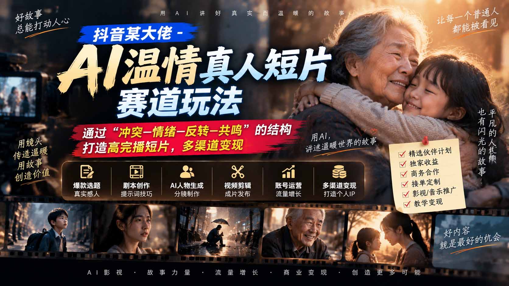 抖音某大佬-AI温情真人短片赛道玩法:通过“冲突—情绪—反转—共鸣”的结构打造高完播短片,多渠道变现-问小徐资源库