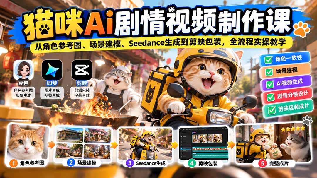 猫咪AI剧情视频制作课：从角色参考图、场景建模、Seedance生成到剪映包装，全流程实操教学-问小徐资源库