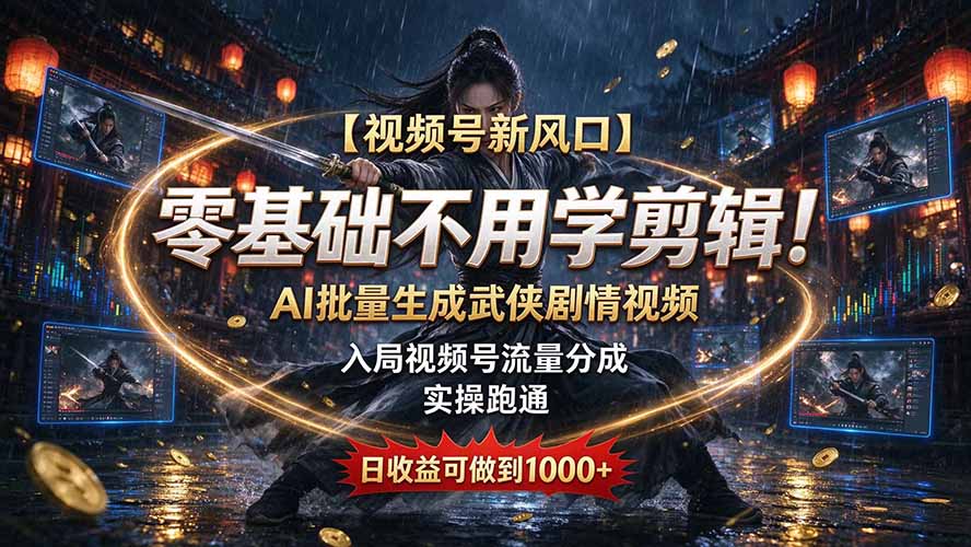 【视频号新风口】零基础不用学剪辑！AI 批量生成武侠剧情视频，入局视频号流量分成，实操跑通，日收益可做到 1000+-问小徐资源库