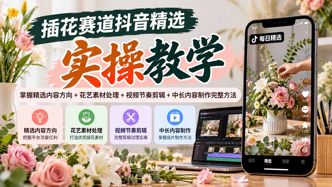 插花赛道抖音精选实操教学：掌握精选内容方向+花艺素材处理+视频节奏剪辑+中长内容制作完整方法-问小徐资源库