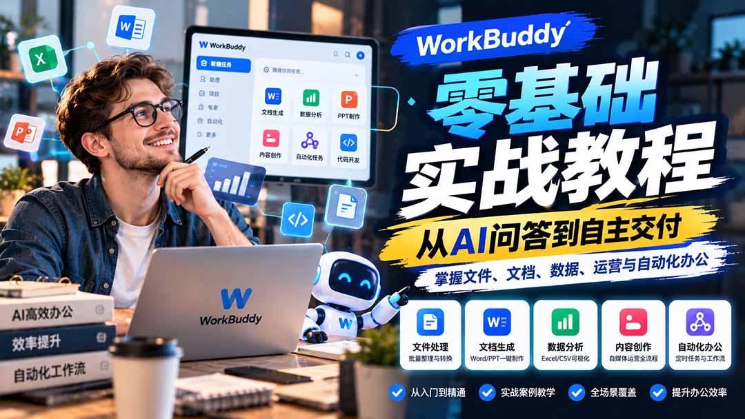 WorkBuddy零基础实战教程：从AI问答到自主交付，掌握文件、文档、数据、运营与自动化办公-问小徐资源库