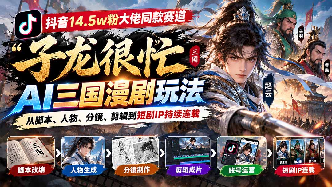 抖音14.5w粉大佬同款赛道「子龙很忙」AI三国漫剧玩法：从脚本、人物、分镜、剪辑到短剧IP持续连载-问小徐资源库