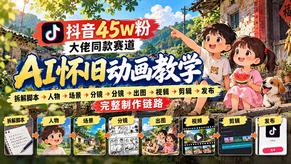 抖音45W粉大佬同款赛道AI怀旧动画教学：拆解脚本→人物→场景→分镜→出图→视频→剪辑→发布完整制作链路-问小徐资源库