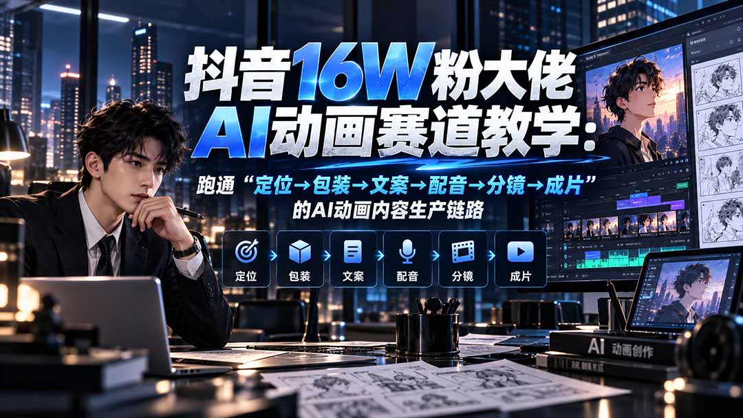 抖音16W粉大佬规则门禁AI动画赛道教学：跑通“定位→包装→文案→配音→分镜→成片”的AI动画内容生产链路-问小徐资源库