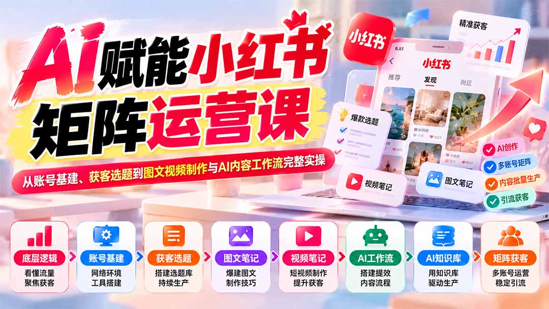 AI赋能小红书矩阵运营课：从账号基建、获客选题到图文视频制作与AI内容工作流完整实操-问小徐资源库