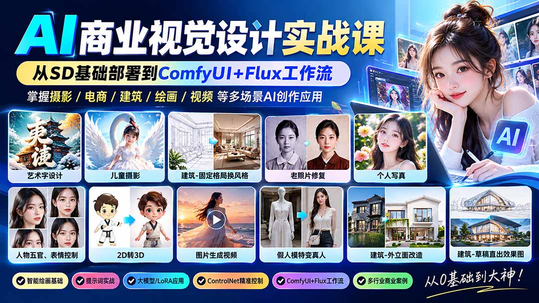 【无水印】AI商业视觉设计实战课：从SD基础部署到ComfyUI+Flux工作流，掌握摄影电商建筑AI创作-问小徐资源库