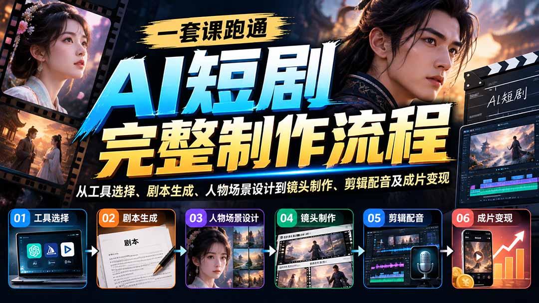 一套课跑通AI短剧完整制作流程:从工具选择、剧本生成、人物场景设计到镜头制作、剪辑配音及成片变现-问小徐资源库