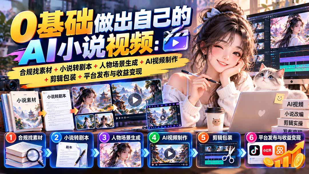 0基础做出自己的AI小说视频：合规找素材+小说转剧本+人物场景生成+AI视频制作+剪辑包装+平台发布与收益变现-问小徐资源库