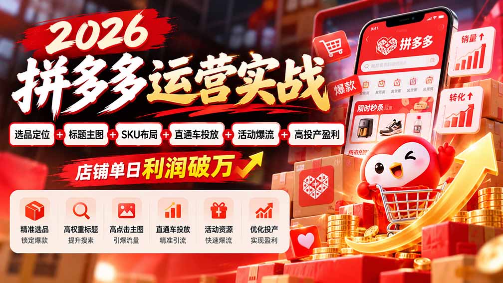 2026拼多多运营实战-更新1002：选品定位+标题主图+SKU布局+直通车投放+活动爆流+高投产盈利 店铺单日利润破万-问小徐资源库